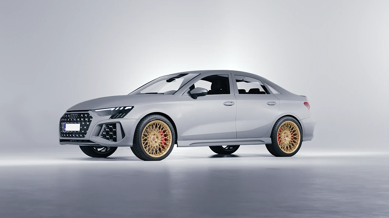 Audi RS3 Limousine 2021 on HRE Performance Wheels 501M forged wheels, front three-quarter view
