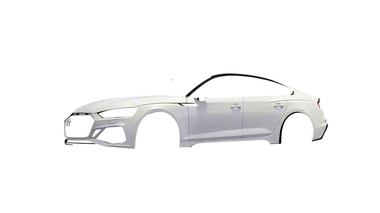 Audi RS5 Sportback 2023 wrapped in Carbon Fiber White (Avery Dennison SW900-115-X), front three-quarter view