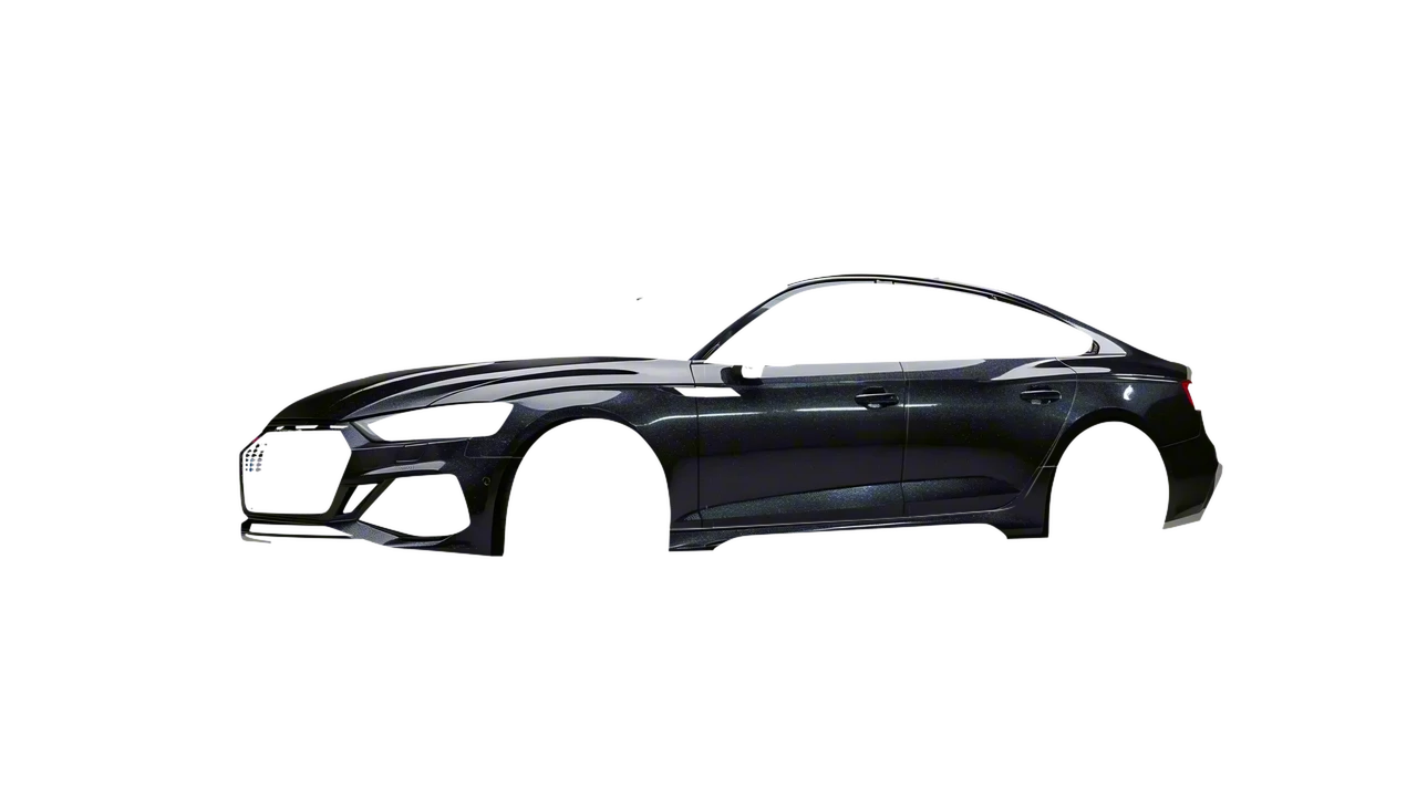 Audi RS5 Sportback 2023 wrapped in Mystery Black (Avery Dennison SW900-184-M), front three-quarter view