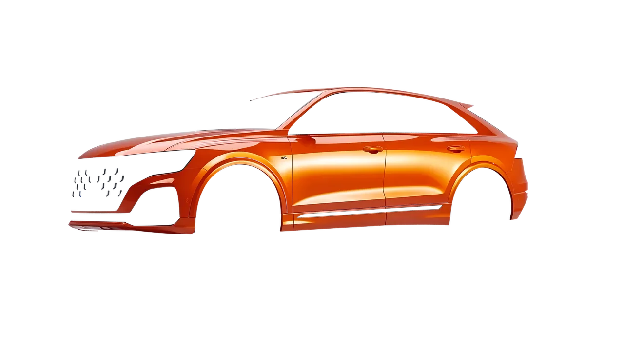 Audi SQ8 2024 wrapped in Fiery Orange (3M G364), front three-quarter view