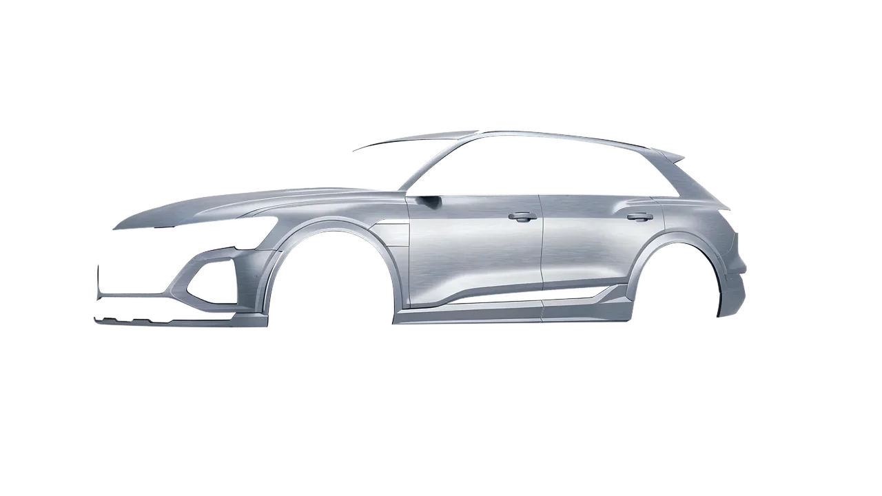 Audi SQ8 e-tron 2024 wrapped in Brushed Aluminum (Avery Dennison SW900-812-X), front three-quarter view