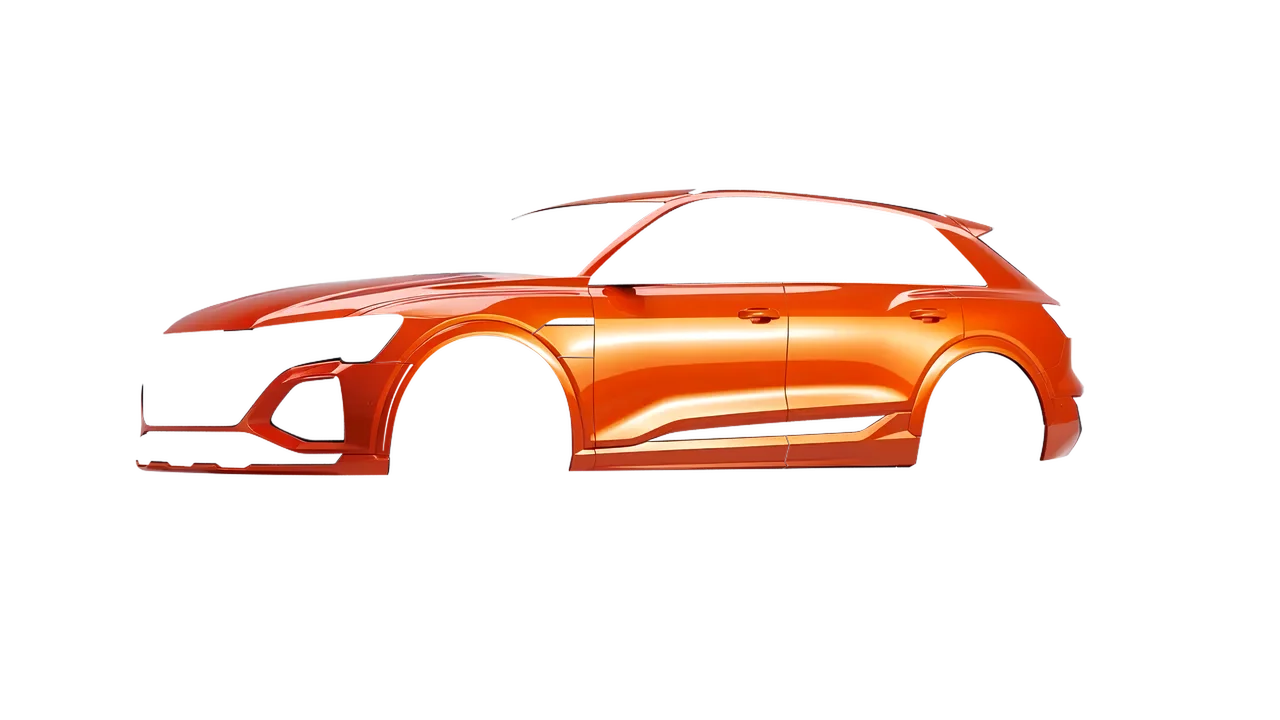Audi SQ8 e-tron 2024 wrapped in Fiery Orange (3M G364), front three-quarter view