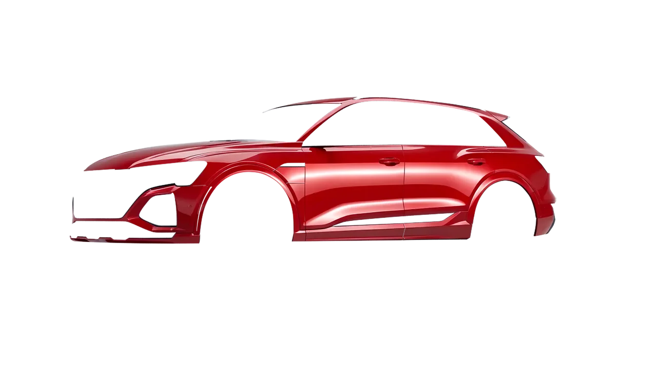 Audi SQ8 e-tron 2024 wrapped in Hot Rod Red (3M G13), front three-quarter view