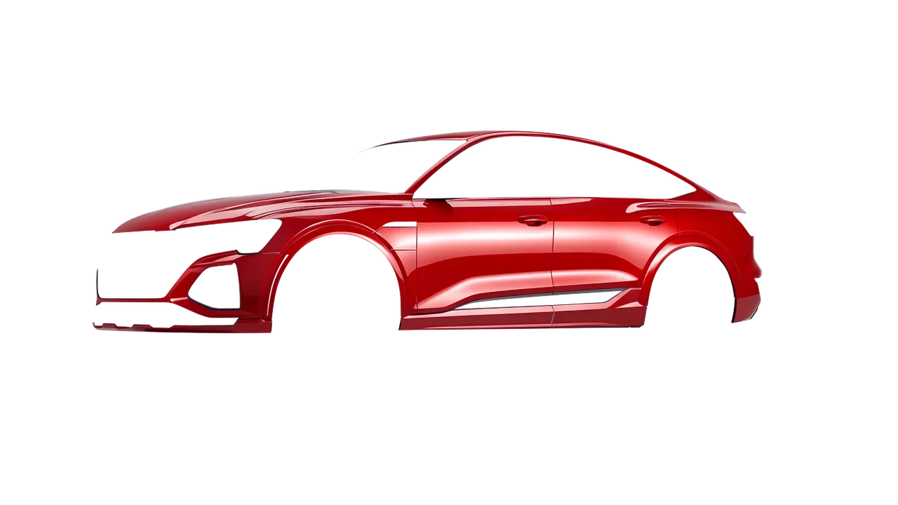 Audi SQ8 Sportback e-tron 2024 wrapped in Hot Rod Red (3M G13), front three-quarter view