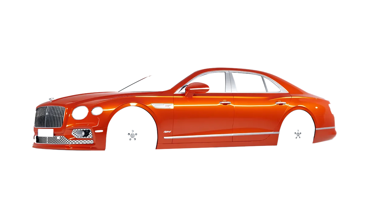 Bentley Flying Spur Hybrid 2023 wrapped in Fiery Orange (3M G364), front three-quarter view