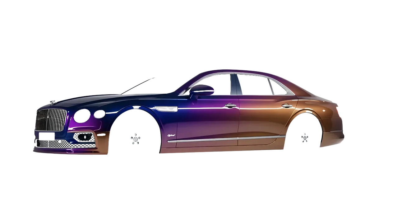 Bentley Flying Spur Hybrid 2023 wrapped in Gloss Flip Deep Space (3M GP278), front three-quarter view