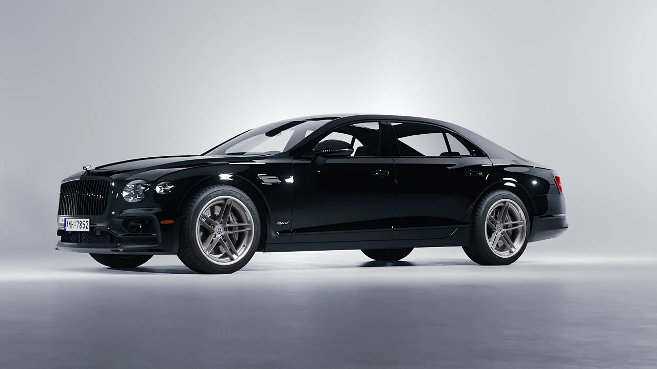 Bentley Flying Spur Hybrid 2023 on HRE Performance Wheels G-Code forged wheels, front three-quarter view