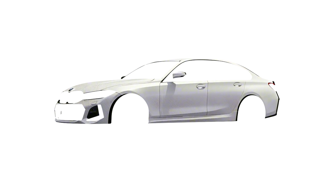 BMW 3 Series 2023 wrapped in Carbon Fiber White (Avery Dennison SW900-115-X), front three-quarter view