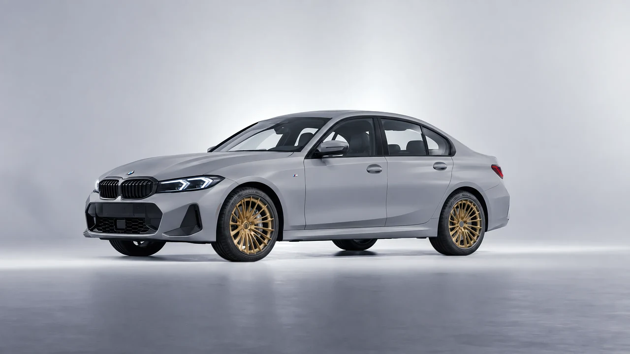 BMW 3 Series 2023 on HRE Performance Wheels S209H forged wheels, front three-quarter view