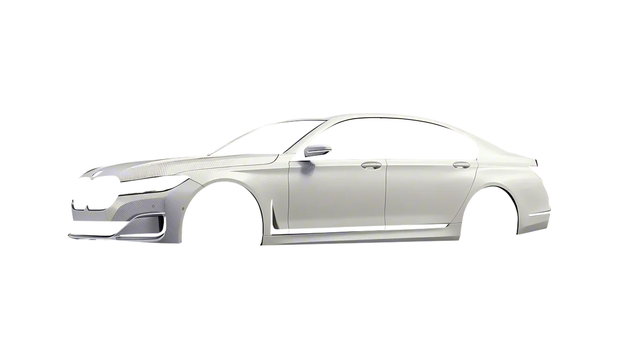 BMW 7 Series 2022 wrapped in Carbon Fiber White (Avery Dennison SW900-115-X), front three-quarter view
