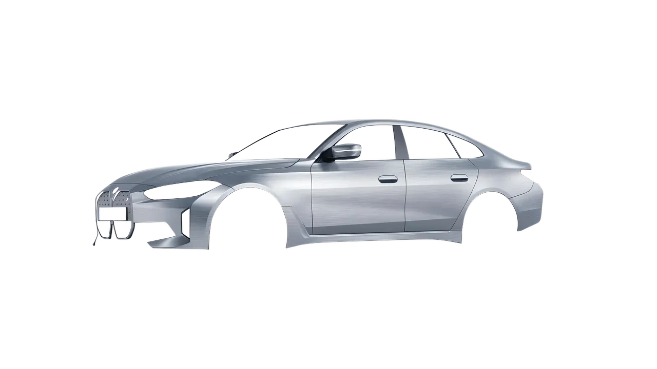 BMW i4 2022 wrapped in Brushed Aluminum (Avery Dennison SW900-812-X), front three-quarter view
