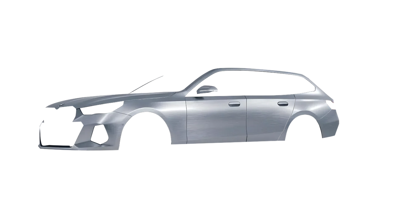 BMW i5 Touring 2024 wrapped in Brushed Aluminum (Avery Dennison SW900-812-X), front three-quarter view