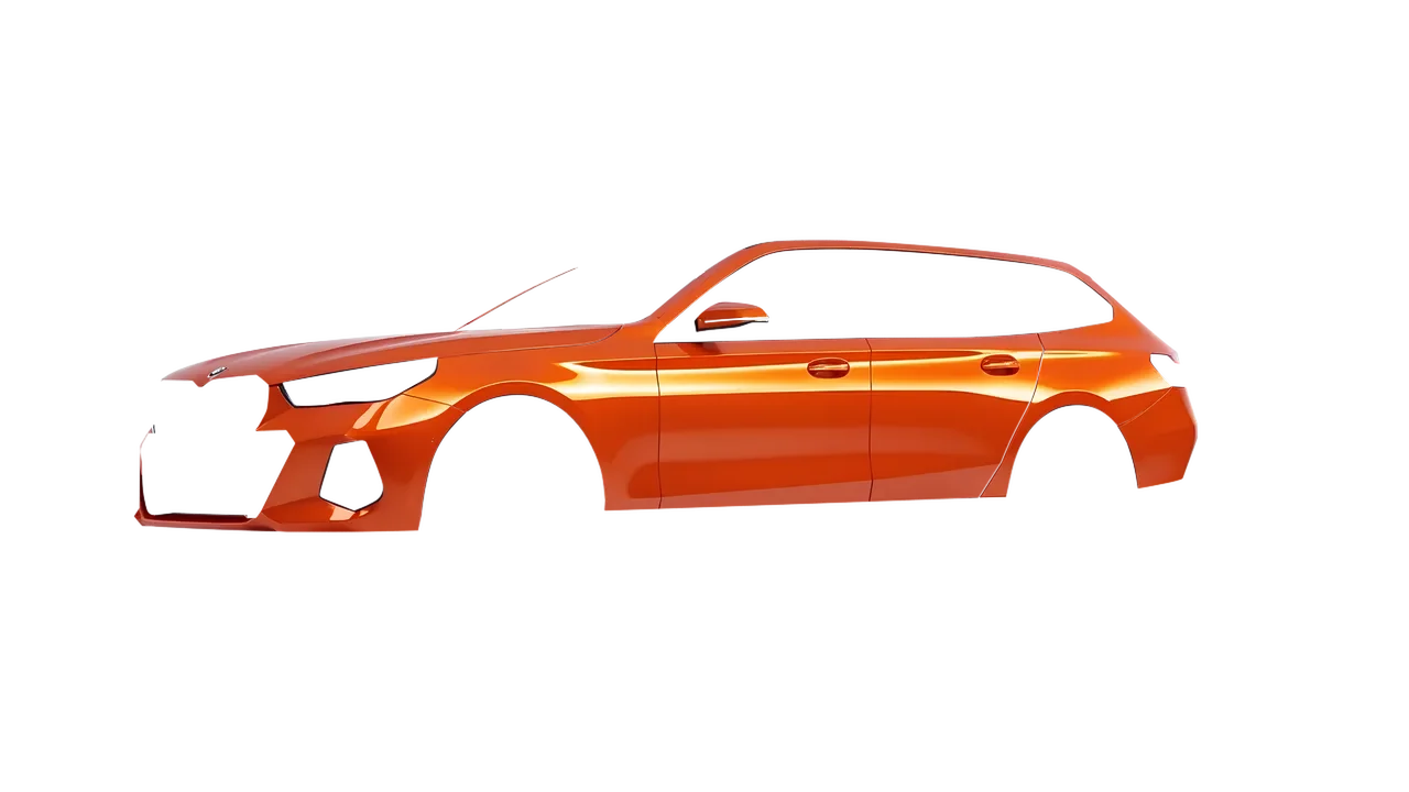 BMW i5 Touring 2024 wrapped in Fiery Orange (3M G364), front three-quarter view
