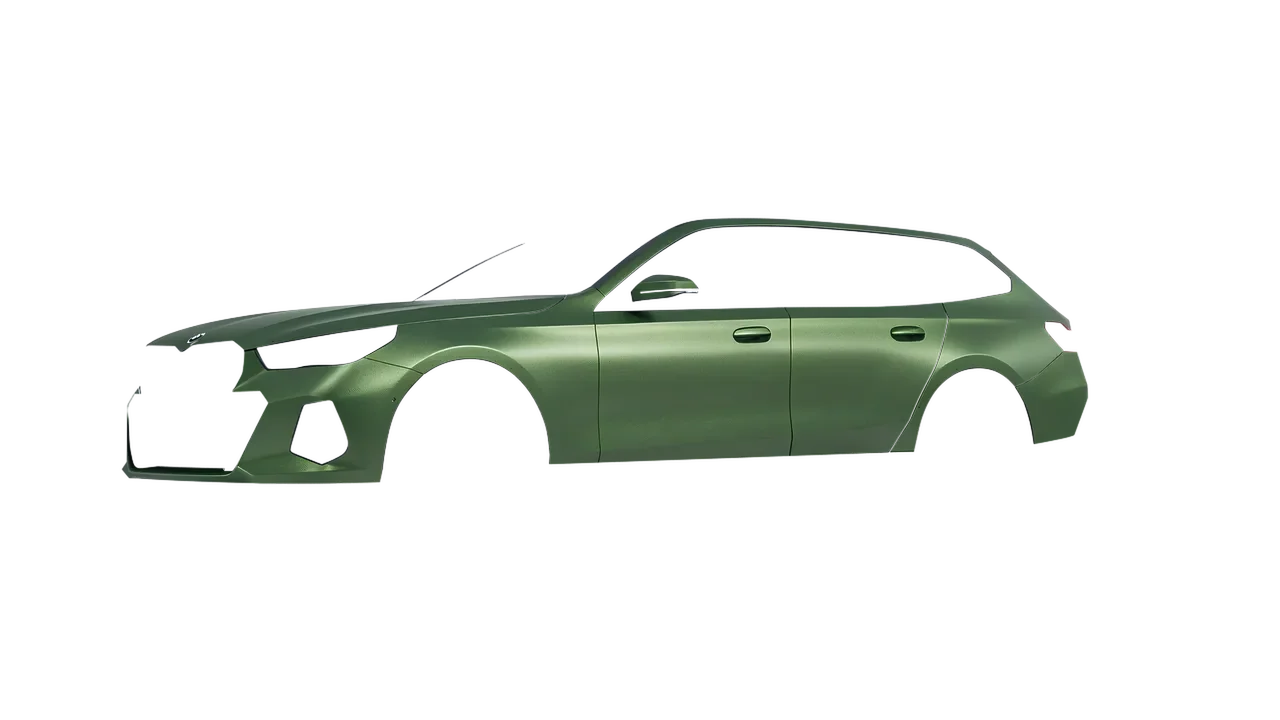 BMW i5 Touring 2024 wrapped in Apple Green (Avery Dennison SW900-745-M), front three-quarter view