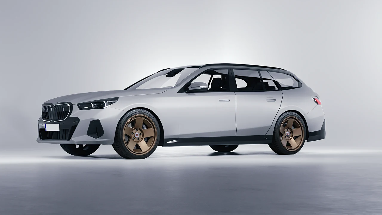 BMW i5 Touring 2024 on HRE Performance Wheels 555-GTM forged wheels, front three-quarter view