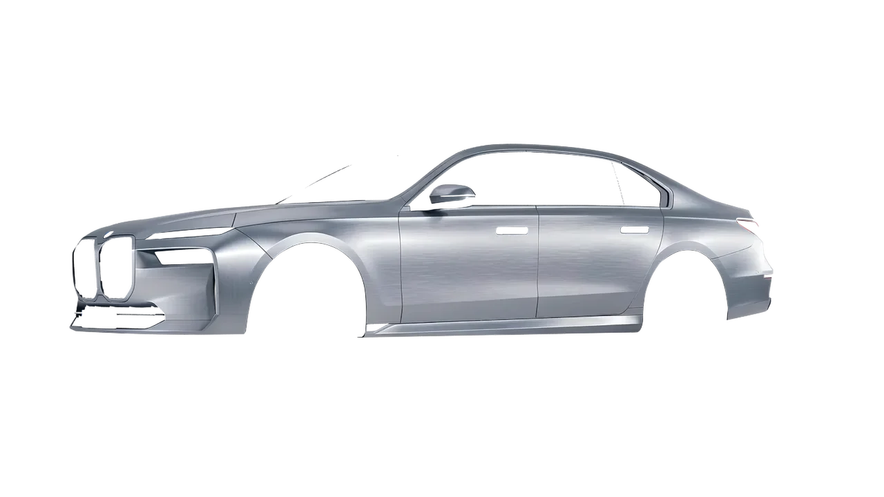BMW i7 2023 wrapped in Brushed Aluminum (Avery Dennison SW900-812-X), front three-quarter view