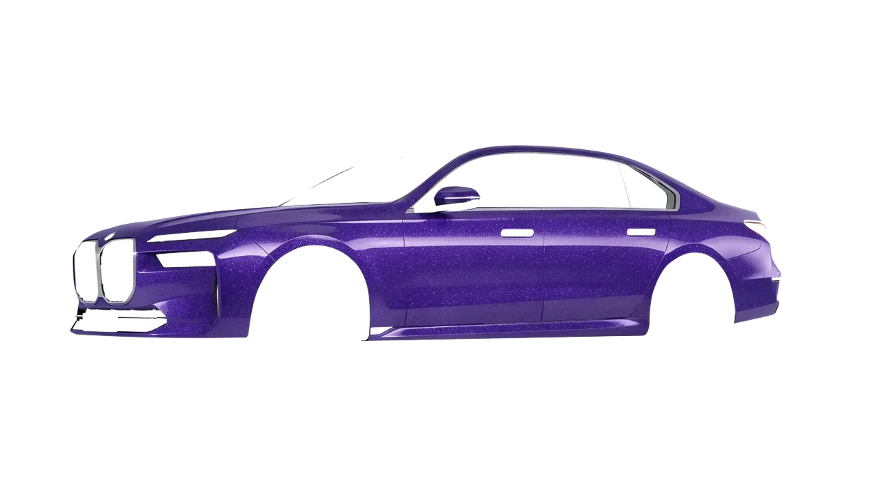 BMW i7 2023 wrapped in Purple (Avery Dennison SW900-587-D), front three-quarter view