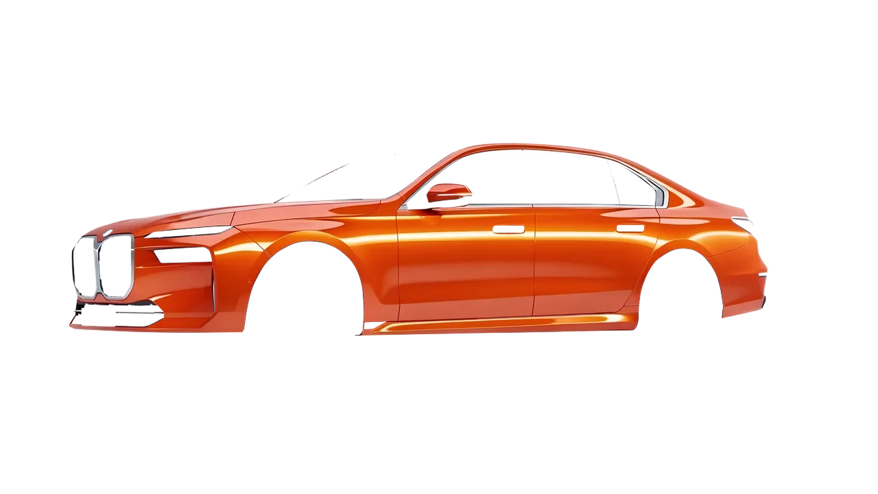 BMW i7 2023 wrapped in Fiery Orange (3M G364), front three-quarter view