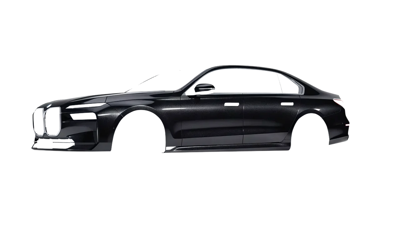 BMW i7 2023 wrapped in Mystery Black (Avery Dennison SW900-184-M), front three-quarter view