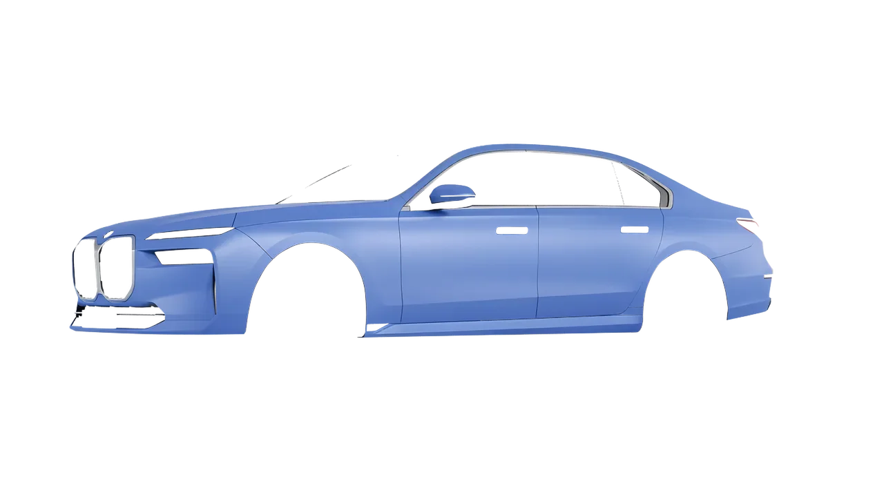 BMW i7 2023 wrapped in Dreamline Blue (Avery Dennison SW900-616-O), front three-quarter view