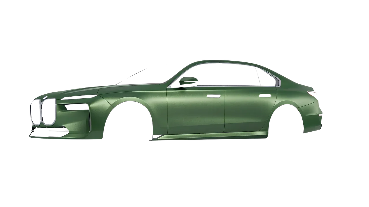 BMW i7 2023 wrapped in Apple Green (Avery Dennison SW900-745-M), front three-quarter view