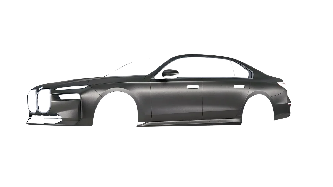 BMW i7 2023 wrapped in Black Rock Grey (Avery Dennison SW900-823-M), front three-quarter view