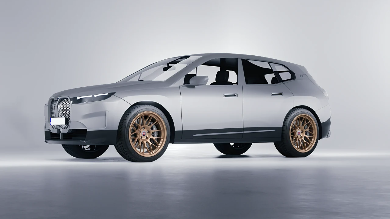 BMW iX 2022 on HRE Performance Wheels 300-GTS forged wheels, front three-quarter view