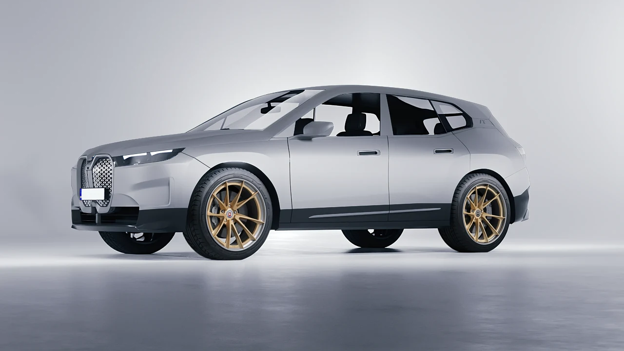 BMW iX 2022 on HRE Performance Wheels S204H forged wheels, front three-quarter view