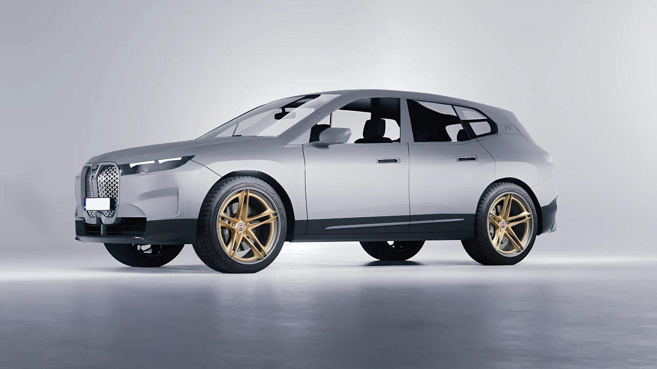 BMW iX 2022 on HRE Performance Wheels S207H forged wheels, front three-quarter view