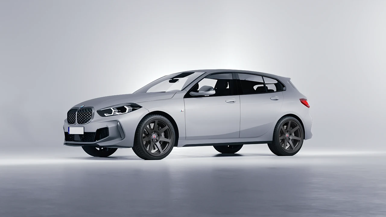BMW M135I 2022 on HRE Performance Wheels 307-GT forged wheels, front three-quarter view