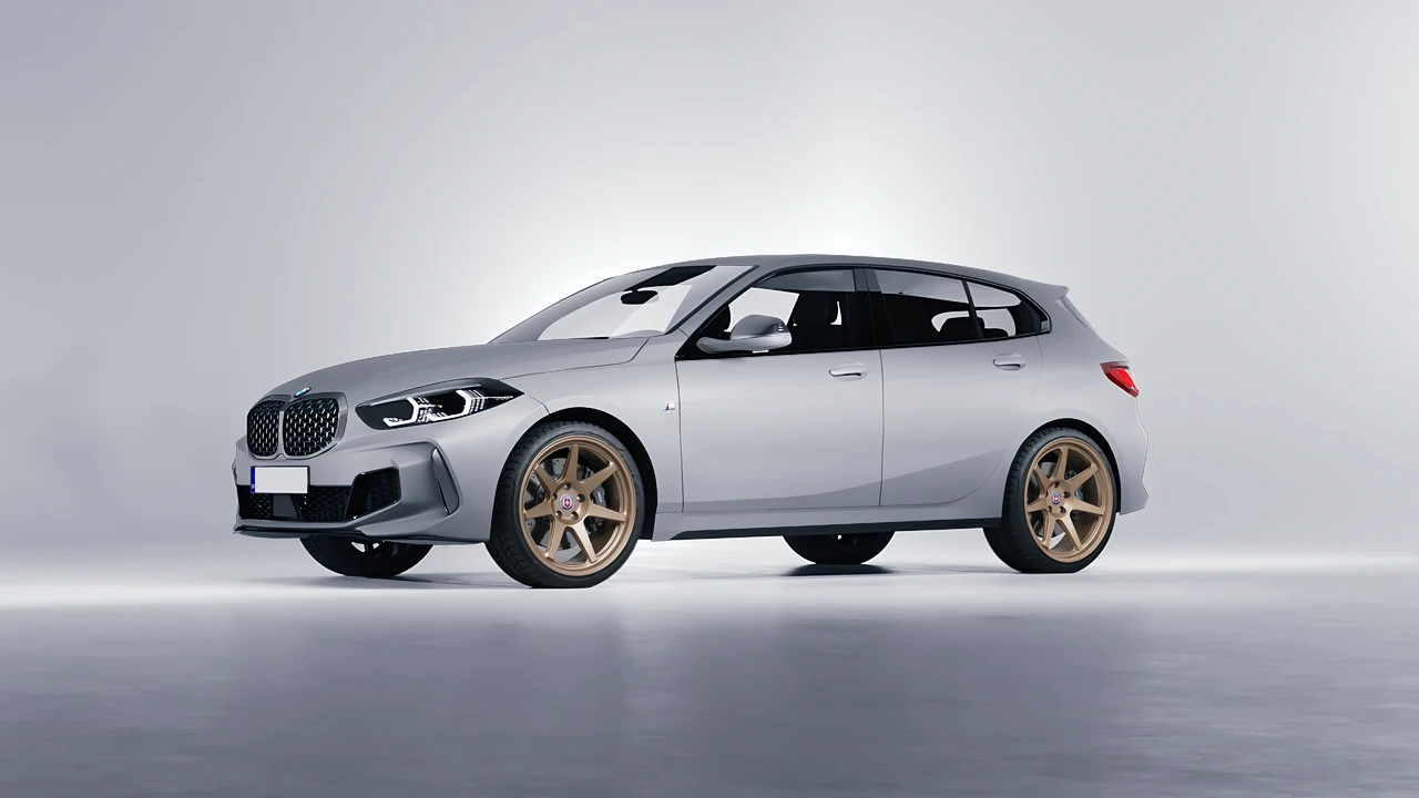 BMW M135I 2022 on HRE Performance Wheels 307-GTS forged wheels, front three-quarter view