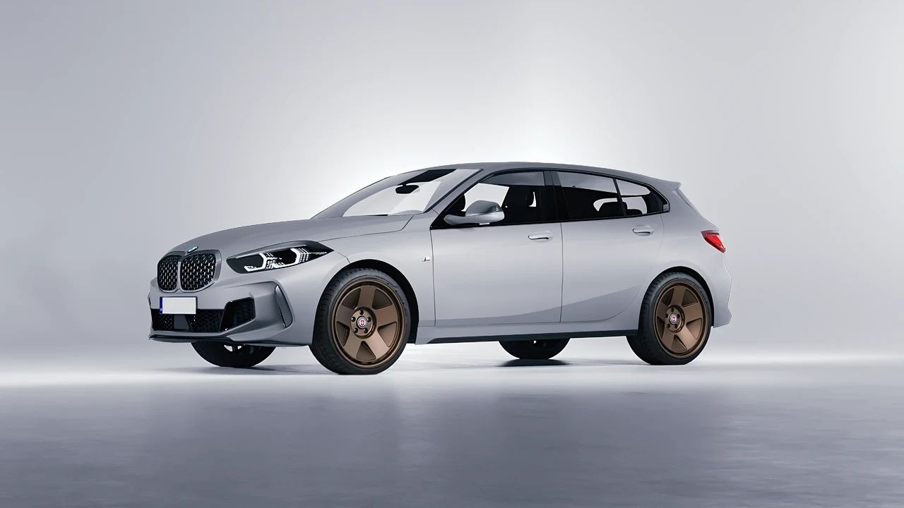 BMW M135I 2022 on HRE Performance Wheels 555-GTM forged wheels, front three-quarter view