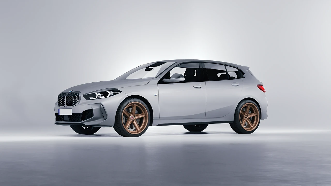 BMW M135I 2022 on HRE Performance Wheels Tusk forged wheels, front three-quarter view