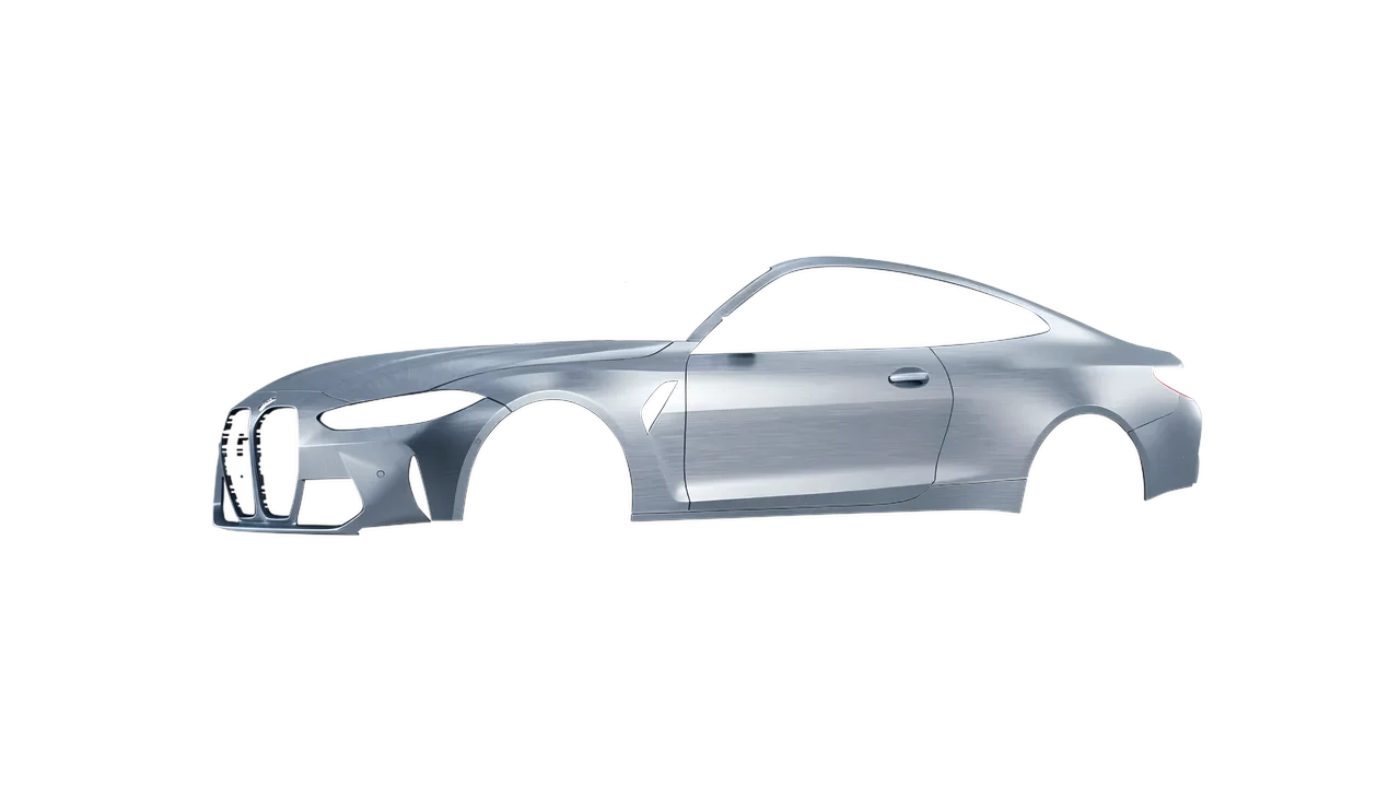 BMW M4 Coupe 2024 wrapped in Brushed Aluminum (Avery Dennison SW900-812-X), front three-quarter view