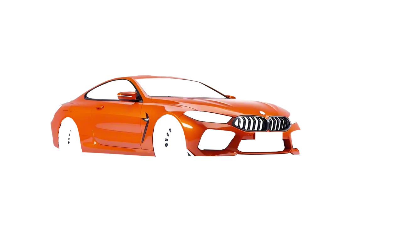 BMW M8 Competition 2020 wrapped in Fiery Orange (3M G364), front three-quarter view