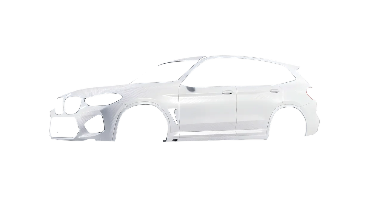 BMW X3 M 2023 wrapped in Carbon Fiber White (Avery Dennison SW900-115-X), front three-quarter view