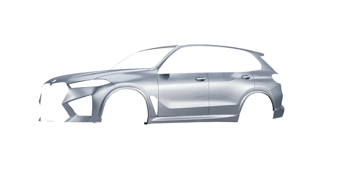 BMW X5m Competition 2023 wrapped in Brushed Aluminum (Avery Dennison SW900-812-X), front three-quarter view