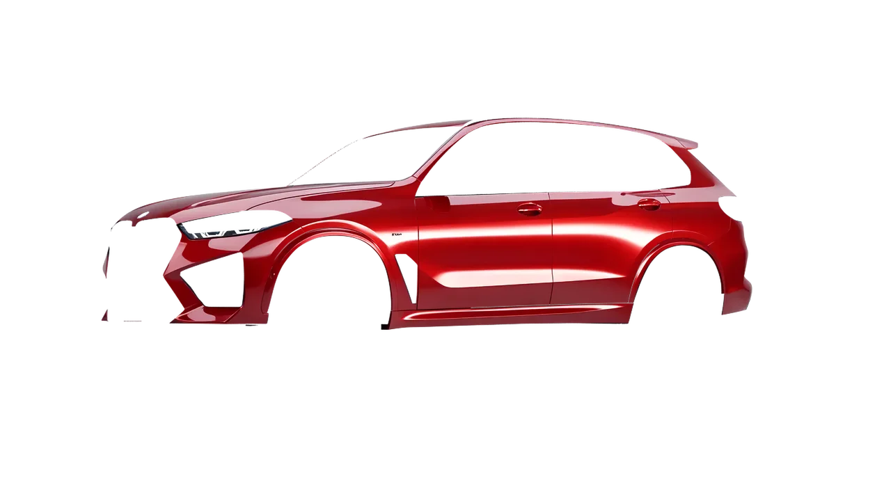 BMW X5m Competition 2023 wrapped in Hot Rod Red (3M G13), front three-quarter view