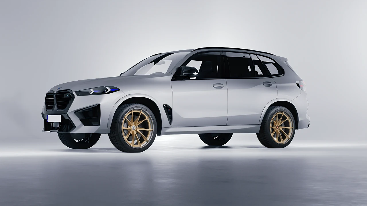 BMW X5m Competition 2023 on HRE Performance Wheels S204H forged wheels, front three-quarter view