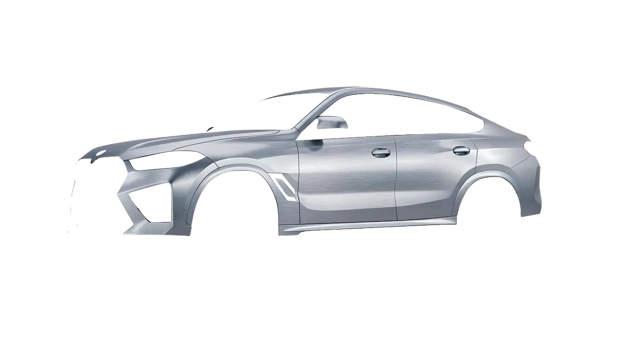 BMW X6m Competition 2023 wrapped in Brushed Aluminum (Avery Dennison SW900-812-X), front three-quarter view