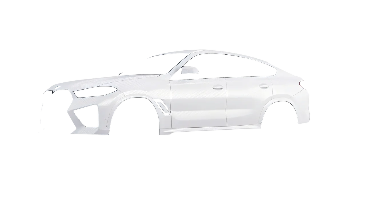 BMW X6m Competition 2023 wrapped in Carbon Fiber White (Avery Dennison SW900-115-X), front three-quarter view