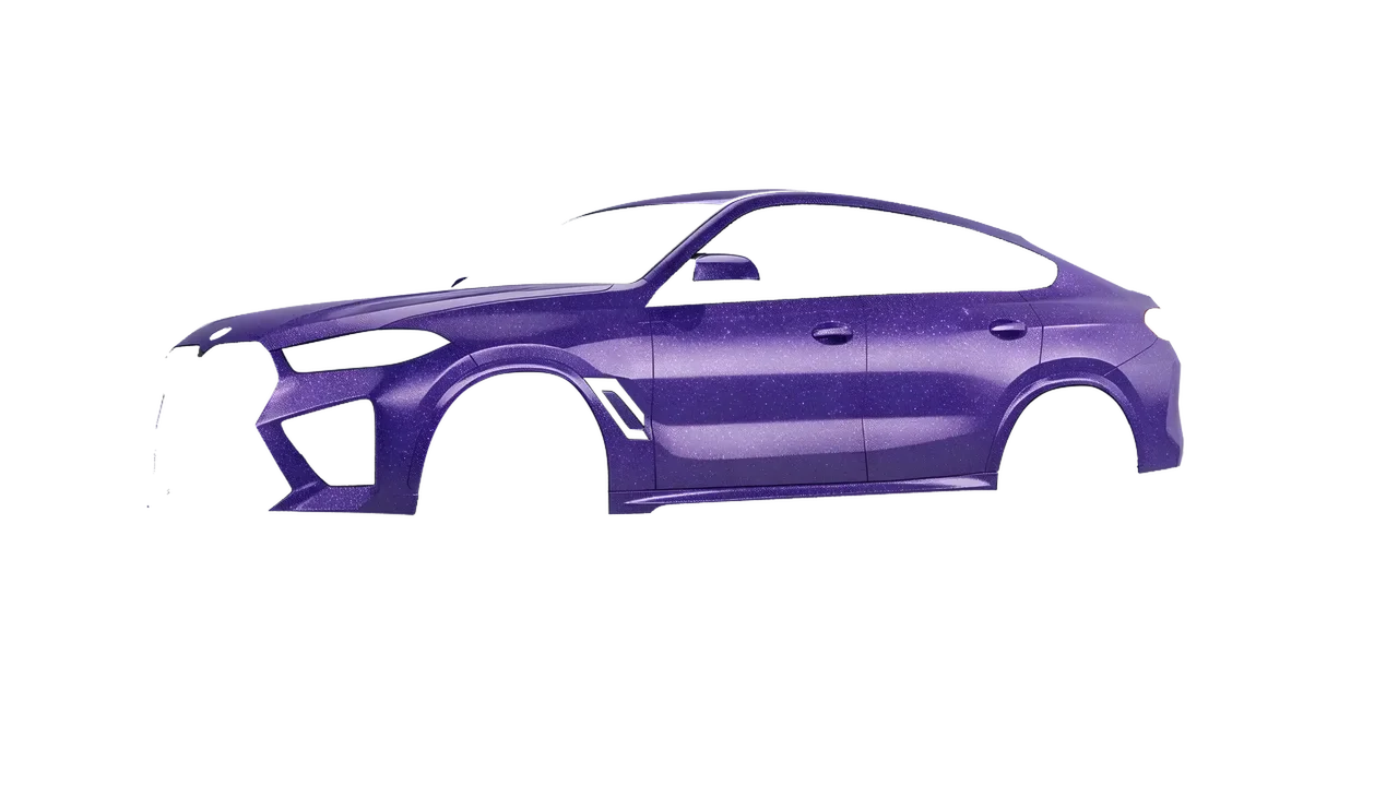 BMW X6m Competition 2023 wrapped in Purple (Avery Dennison SW900-587-D), front three-quarter view