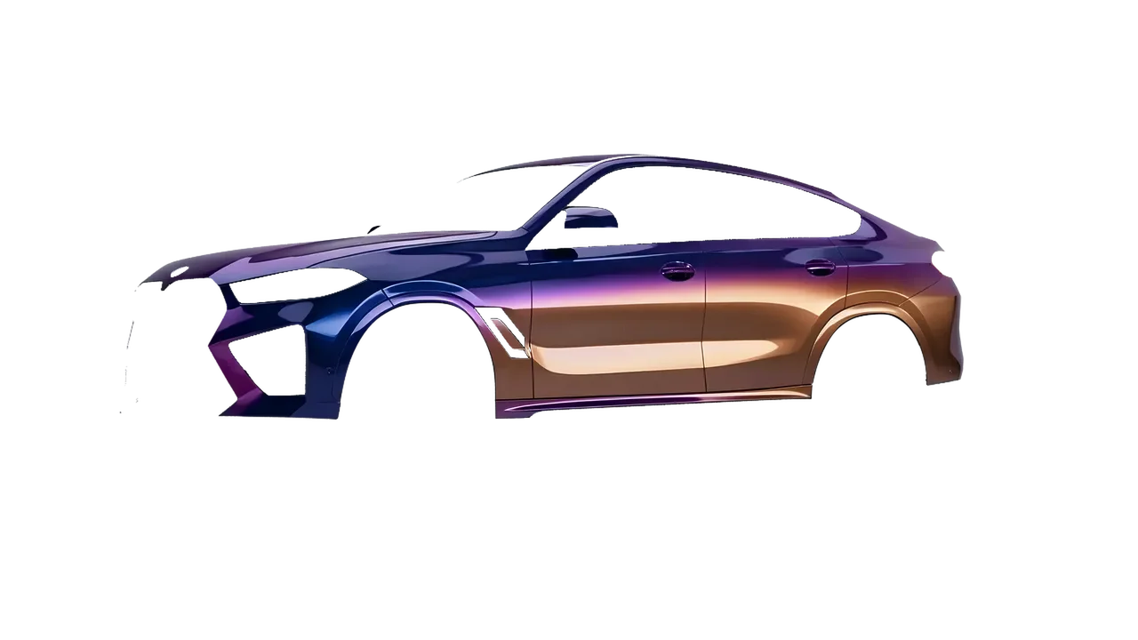 BMW X6m Competition 2023 wrapped in Gloss Flip Deep Space (3M GP278), front three-quarter view