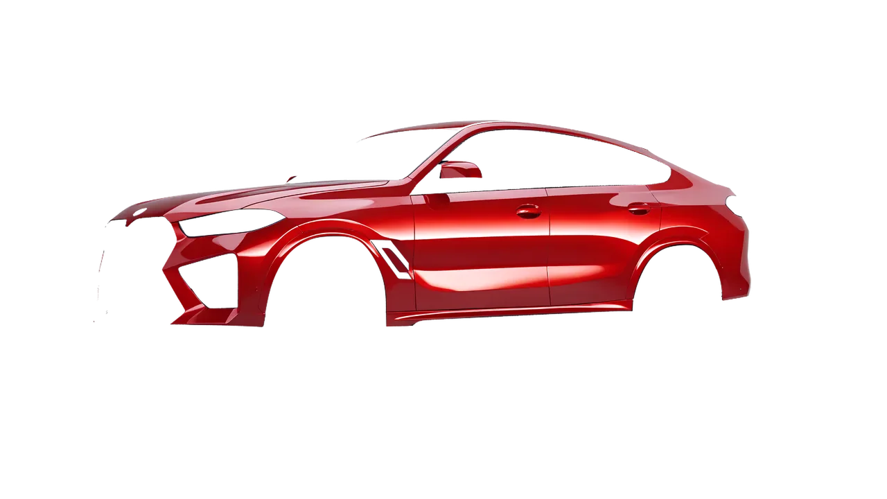 BMW X6m Competition 2023 wrapped in Hot Rod Red (3M G13), front three-quarter view