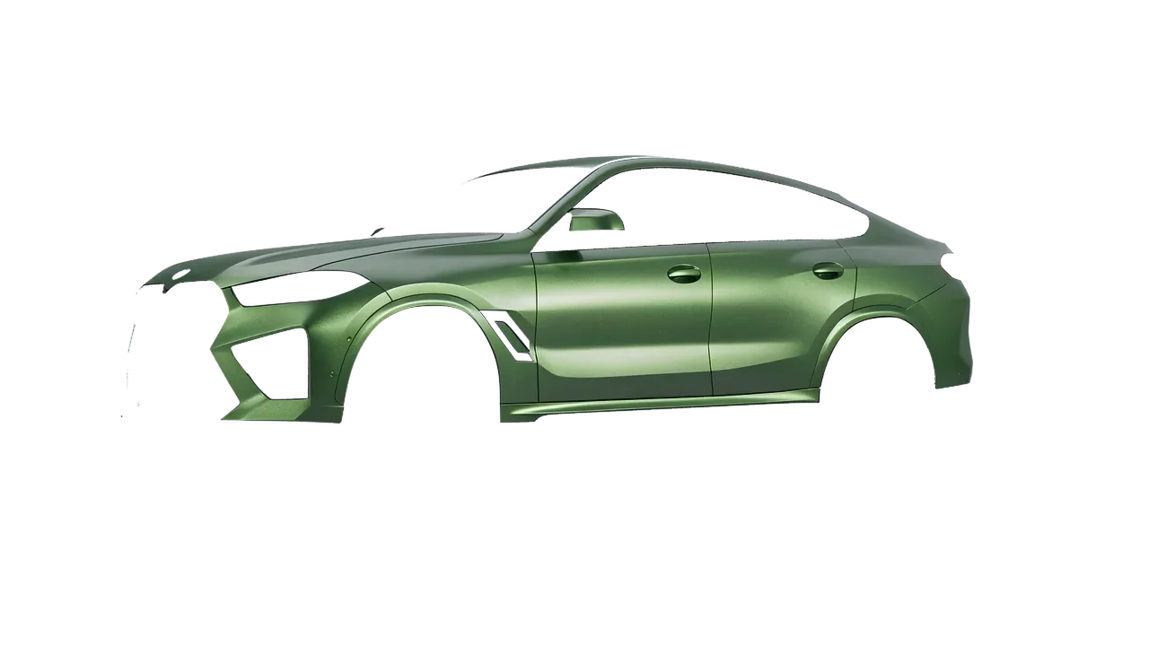 BMW X6m Competition 2023 wrapped in Apple Green (Avery Dennison SW900-745-M), front three-quarter view