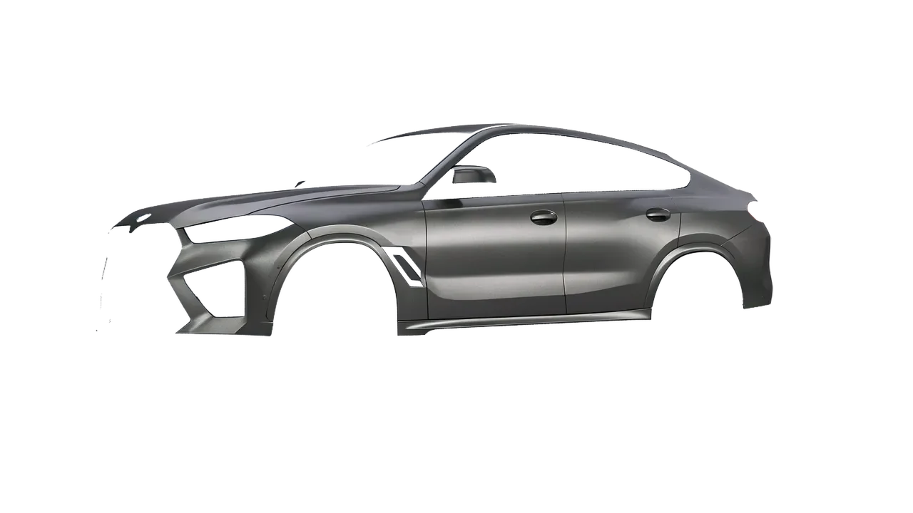 BMW X6m Competition 2023 wrapped in Black Rock Grey (Avery Dennison SW900-823-M), front three-quarter view