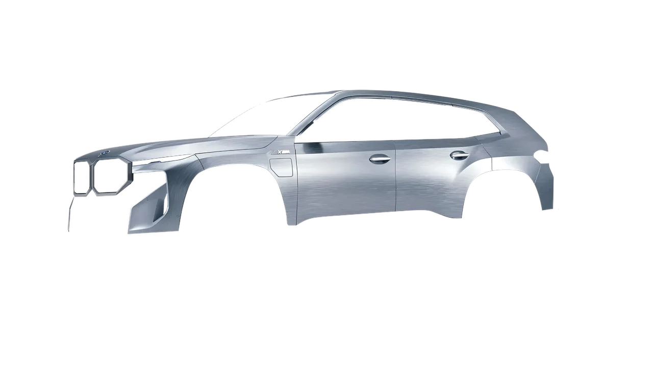 BMW XM 2024 wrapped in Brushed Aluminum (Avery Dennison SW900-812-X), front three-quarter view