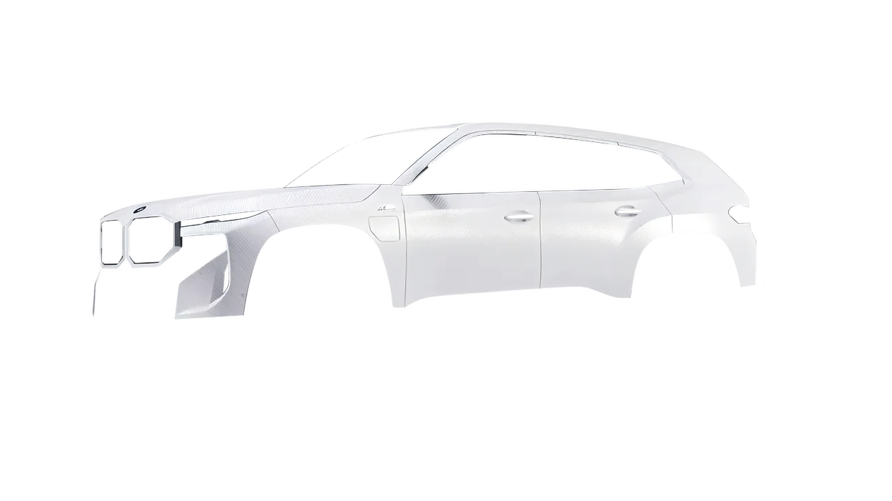 BMW XM 2024 wrapped in Carbon Fiber White (Avery Dennison SW900-115-X), front three-quarter view