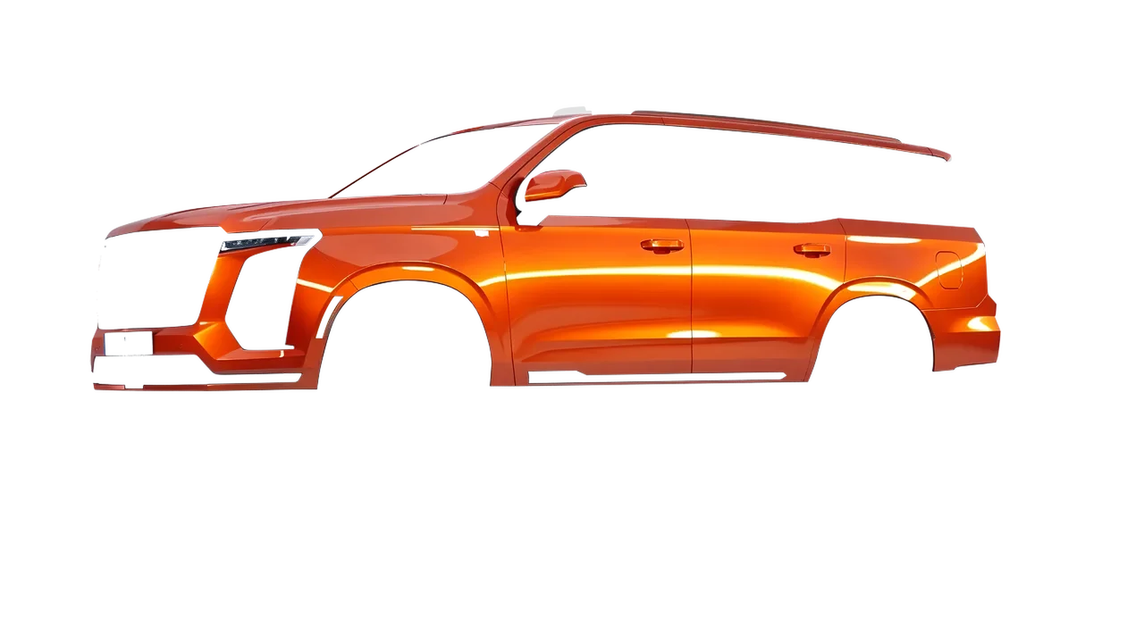 Cadillac Escalade 2025 wrapped in Fiery Orange (3M G364), front three-quarter view