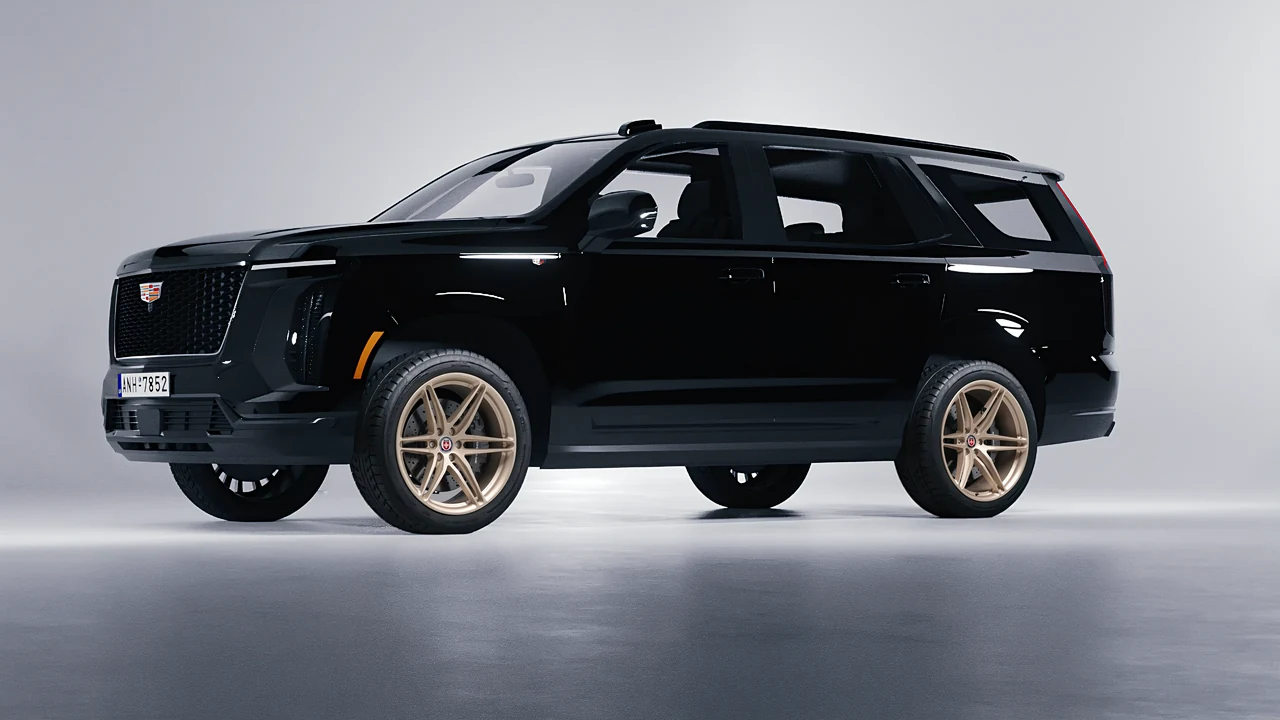 Cadillac Escalade 2025 on HRE Performance Wheels P106 forged wheels, front three-quarter view